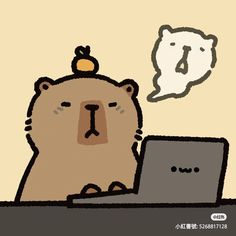 a cartoon bear sitting in front of a laptop with a thought bubble above his head