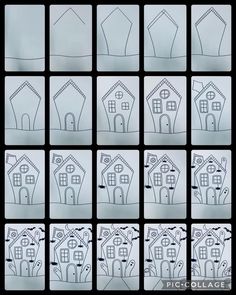 twelve drawings of houses with different angles and sizes