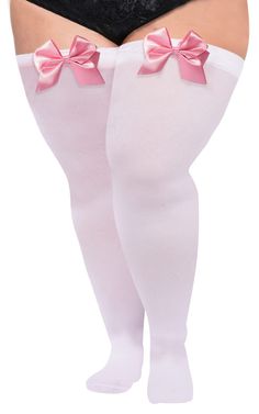 Women Plus Size Bow Thigh High Stockings | Moon Wood White Stretch Knee-high Legwear, White Thigh High Hosiery, Pink Footless Stockings, White Thigh High Stretch Socks, Valentine's Day Dress, Thigh High Stocking, Plus Size Tights, Lace Stockings, Slouch Socks