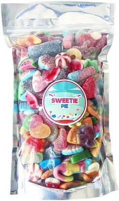 a bag filled with lots of different colored candies