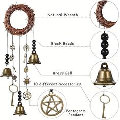 the parts of a wind chime are shown in this diagram, including bells and pentagramm pendulums