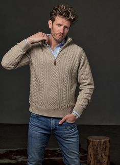 Men's Aalborg Cable Quarter Zip Cashmere Sweater in Light Taupe Sweater Wedding Outfit Men, Turtleneck Hoodie, Knit Quarter Zip, Perfect White Shirt, Yarn Twist, Unique Sweater, Elevated Casual, Aran Sweater, Unique Sweaters