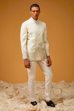 Ivory bandhgala with resham thread, sequin embroidery in seaworld pattern. - Aza Fashions Jungle Pattern, Rohit Bal, Thread Embroidery, Botanical Pattern, Sequins Embroidery, Silk Embroidery, Band Collar, Full Sleeves, Mandarin Collar