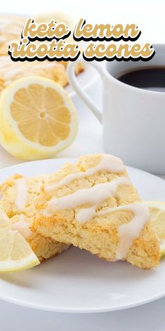 lemon scones with icing on a plate next to a cup of coffee