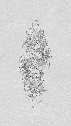 a tattoo design with flowers and leaves on the side of a white paper background,