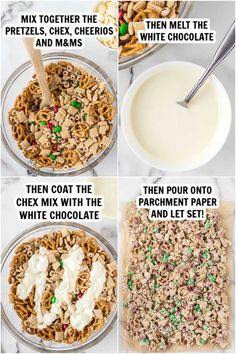 the steps to make cereal mix in a bowl with milk and other ingredients on top