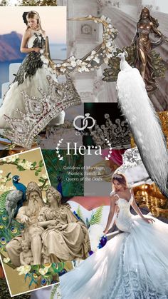 a collage of photos with peacocks and women in white gowns, including an image