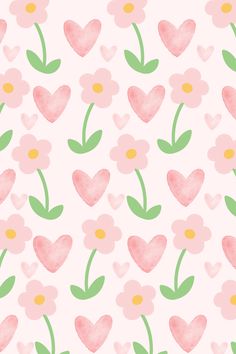 pink flowers and hearts with green leaves on a light pink background seamless wallpaper