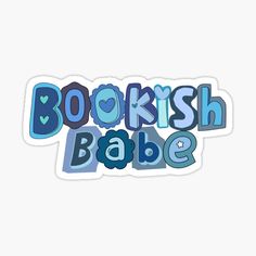 the words bookish babe in blue and grey sticker on a white background with hearts