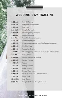 the wedding day schedule is shown in white and black, with text overlaying it