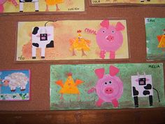 several pictures of farm animals are displayed on a bulletin board