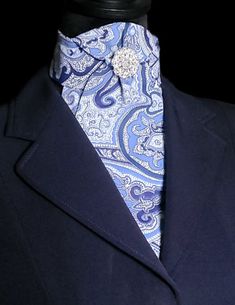 Blue Paisley pre-tied dressage stock tie.  This tie will compliment any shade of blue needed for your outfit!  Made out of a heavier fabric, will definitely always hold its shape, no ironing needed!  Give your outfit that pop of color to give a unique look!  Silver pin included, pins may vary. Just velcro the collar and your done.  No tying or pin adjustment needed! Sizing options available for child, standard, and large. * Need something custom?  Maybe I can help, just ask! *Child, 15" collar ( Fitted Blue Neckwear For Black Tie Events, Formal Fitted Neck Tie, Dressage Stock Tie, Stock Tie, Silver Pin, Blue Paisley, Dressage, Horse Riding, Farm Animals