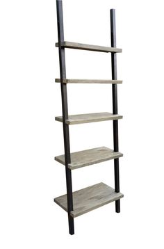 a tall wooden shelf with four shelves on each side and two black metal poles in the middle