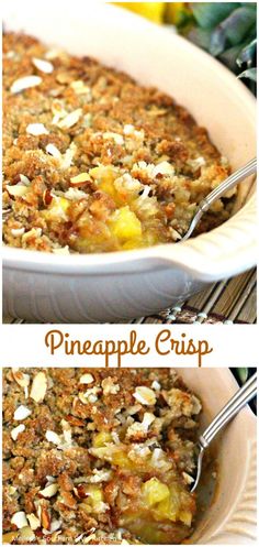 pineapple crisp in a white casserole dish