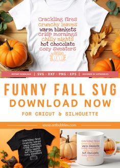 an orange and white photo with the words funny fall svg on it, surrounded by pumpkins