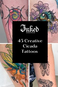 four different tattoos with the words inked on them and images of bugs, moths, and flowers