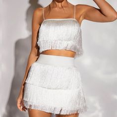 White Fringe Two Piece Set Disco White Skirt, 2 Piece Fringe Dress, White Fringe Belt, White Fringe Top, Flowy Mini Skirt, Skirt Tops, Plaid Pleated Mini Skirt, Tassel Skirt, White Fringe