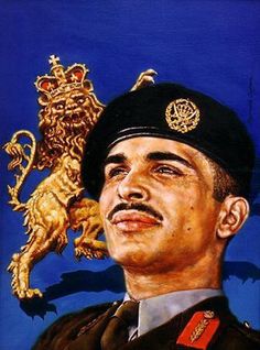 a painting of a man in uniform with a lion on the back ground and blue background