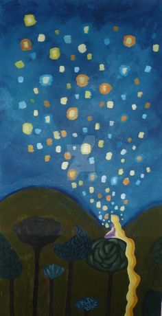 a painting of a woman looking up at the stars in the sky