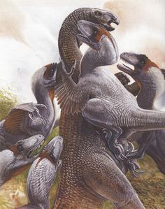 an artist's depiction of dinosaurs attacking each other in the air with their beaks open