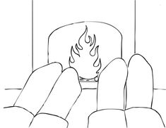 a black and white drawing of two people sitting in front of a fire place with their feet up