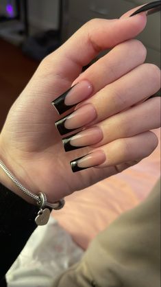 Black Nails Inspiration Square, Medium Black Square Nails Designs, Black V Shaped French Tip Nails, Acrylic Black Tip Nails, Black French Tip Tapered Square, Black French Long Nails, Medium Square Nails French Tips, Black French Tip Acrylic Nails Square, Pretty Nails Acrylic Coffin Medium