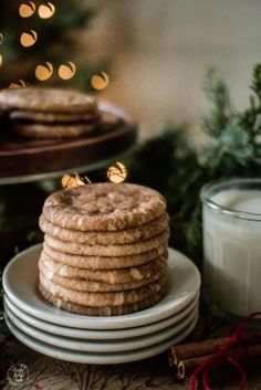 a stack of cookies sitting on top of plates