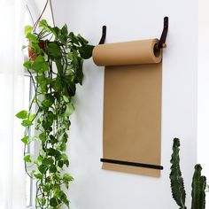 a roll of brown paper hanging on a wall next to a plant