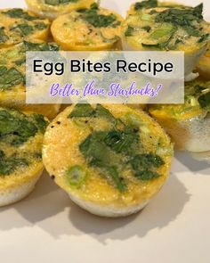 an egg bites recipe with butter and spinach in it on a white plate next to other food items