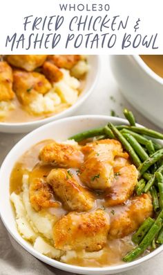 chicken and mashed potato bowl with gravy in a white bowl on the side