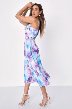 It's easy to fall in love with a look as sweet as the Lulus Radiant Feelings Blue and Purple Floral Chiffon Midi Dress! Airy, crinkle-woven chiffon features a large-scale floral print as it shapes this darling dress that has adjustable spaghetti straps and a darted bodice with a twisted detail and a flirty cutout at back. Fitted waist tops an A-line skirt that finishes at a mini hem. Hidden zipper/clasp at side. Fit: This garment fits true to size. Length: Mid-calf length. Size medium measures 4 Dress Code Guide, Watercolor Floral Dress, Vegas Dresses, Tropical Print Dress, Derby Dress, Rush Dresses, Latest Fashion Dresses, Blue Print Dress, Chiffon Floral