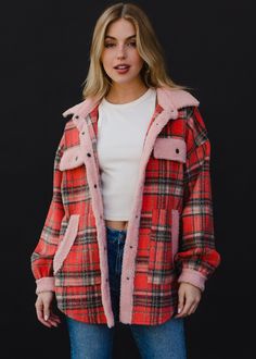 Faded coral, tan and charcoal lightweight plaid jacket Pink fleece detail Two side pockets and two front pockets Snap closure Relaxed fit Imported garment 100% Polyester SIZE CHARTS: Bust: 20.5" / Length: 25.5"M: Bust: 22.5" / Length: 26.5"L: Bust: 24.5" / Length: 27.5"XL: Bust: 26.5" / Length: 28.5" Womens Fall Jackets, Pink Plaid Jacket, Sherpa Fleece Jacket, Plaid Jacket Women, Jacket Sherpa, Knitted Hats Kids, Knit Hat For Men, Statement Jacket, Pink Fleece