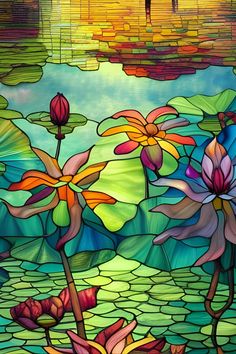 Beautiful colorful stained glass image of a lotus flowers among lily pads upon a lake Mosaic Stained Glass Windows, Koi Stained Glass Art, Lotus Flower Stained Glass Pattern, Lily Stained Glass Pattern, Stained Glass Pond Scenes, Lotus Stained Glass Window, Antique Stained Glass Windows, Diy Stained Glass Window