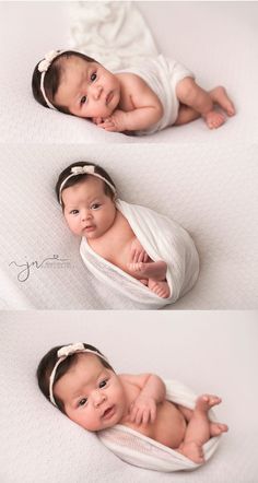 three photos of a baby laying on top of a white blanket