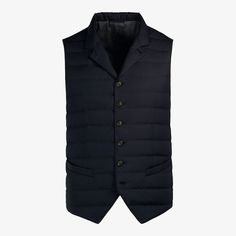 A lightweight and compact layering piece, this navy down vest is tailored to a slim fit with a high collar, 7-button closure, welted pockets and a rear button adjustment straps in the back. Nylon Workwear Vest, Winter Workwear Puffer Vest, Navy Sleeveless Vest For Winter, Classic Navy Winter Vest, Navy Fitted Outerwear For Layering, Navy Down Puffer Outerwear, Navy Fitted Vest For Winter, Navy Fitted Winter Vest, Navy Overcoat