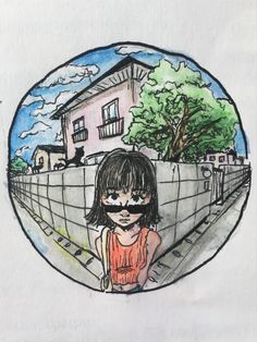 a drawing of a girl with sunglasses and a house in the background is drawn on paper