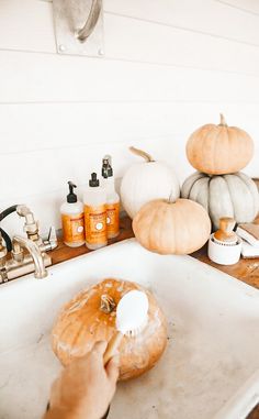 a person is painting pumpkins in the kitchen