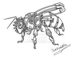 a drawing of a bee with gears on it's back legs and wings, in black and white