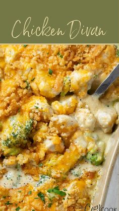 chicken and broccoli casserole in a white dish