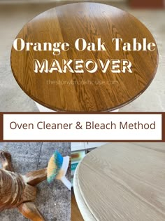 an orange oak table makeover with the words overlay and below it are photos of different types of furniture