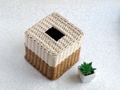 a wicker basket next to a small potted plant