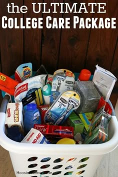 the ultimate college care package is packed in a white basket with text overlay that reads, how to pack the ultimate college care package