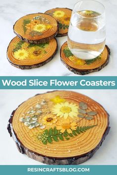 wood slice flower coasters with water in the middle and yellow flowers on each side