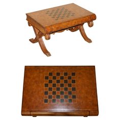 two pieces of furniture that are made out of wood and have chess boards on them