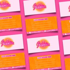 six business cards with the words glamour in pink, orange and yellow colors