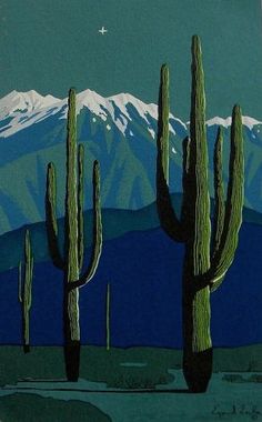 an image of a desert scene with cactus trees and mountains in the background at night