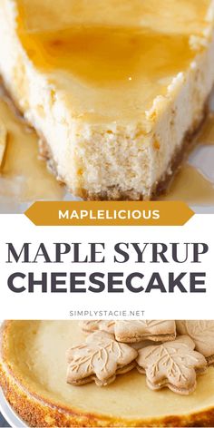 maple syrup cheesecake on a plate with text overlay