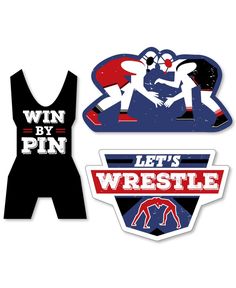 two stickers that say, win by pin and let's wrestle