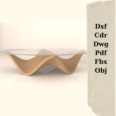 a coffee table that is made out of wood and glass with the words dxf car dwgg pat fbx obj on it