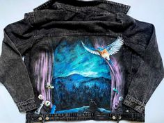 This jacket is SOLD, but I can paint something similar for you. Painted with high quality fabric paint and fixed, so you can wash it (hand wash or machine washable at 30oC). 100% original art work and one of a kind. I do custom jackets as well. Feel free to contact me! :) Discover more of my art work at: https://www.etsy.com/shop/adrianaliptak?ref=seller-platform-mcnav Hand Painted Blue Outerwear For Streetwear, Artistic Graphic Print Denim Jacket For Fall, Blue Hand Painted Outerwear For Streetwear, Artistic Hand Painted Outerwear For Fall, Artistic Denim Jacket With Custom Artwork For Spring, Artistic Denim Jacket For Streetwear In Winter, Spring Artistic Denim Jacket With Custom Artwork, Artistic Denim Outerwear For Fall, Hand Painted Denim Jacket For Winter Streetwear